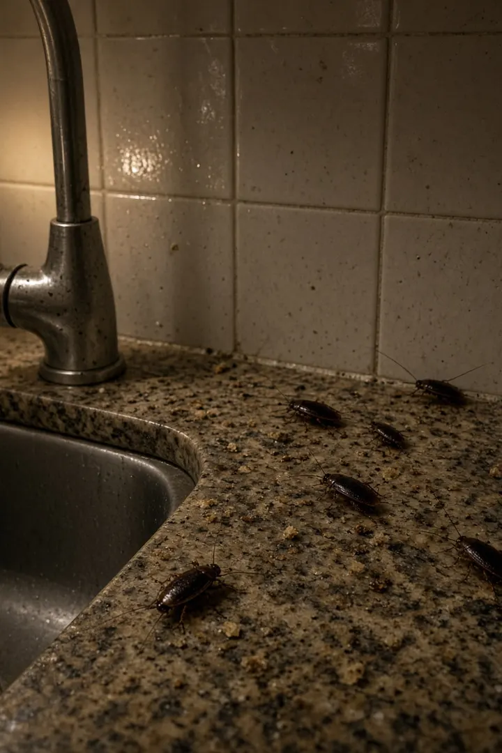 Baratas na bancada da cozinha, junto à pia